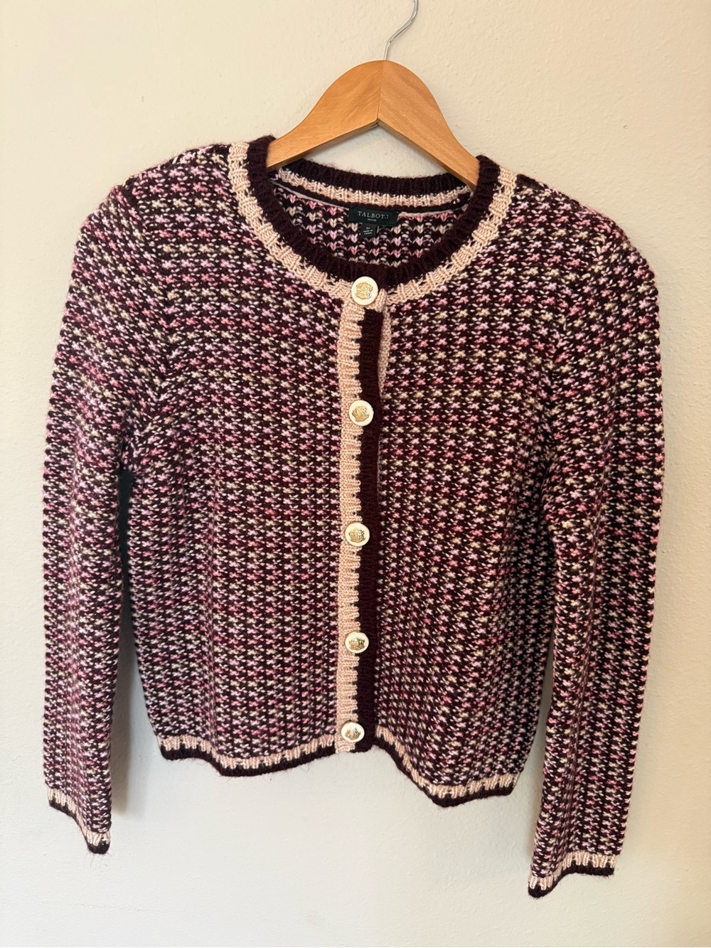 Talbots Pink, Black & Cream Tweed-Effect Button Front Cardigan